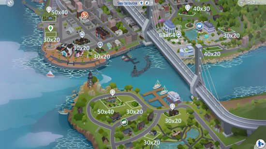 The Sims 4 Growing Together - carte d'ensemble de San Sequoia montrant toutes les tailles de lots de propriétés