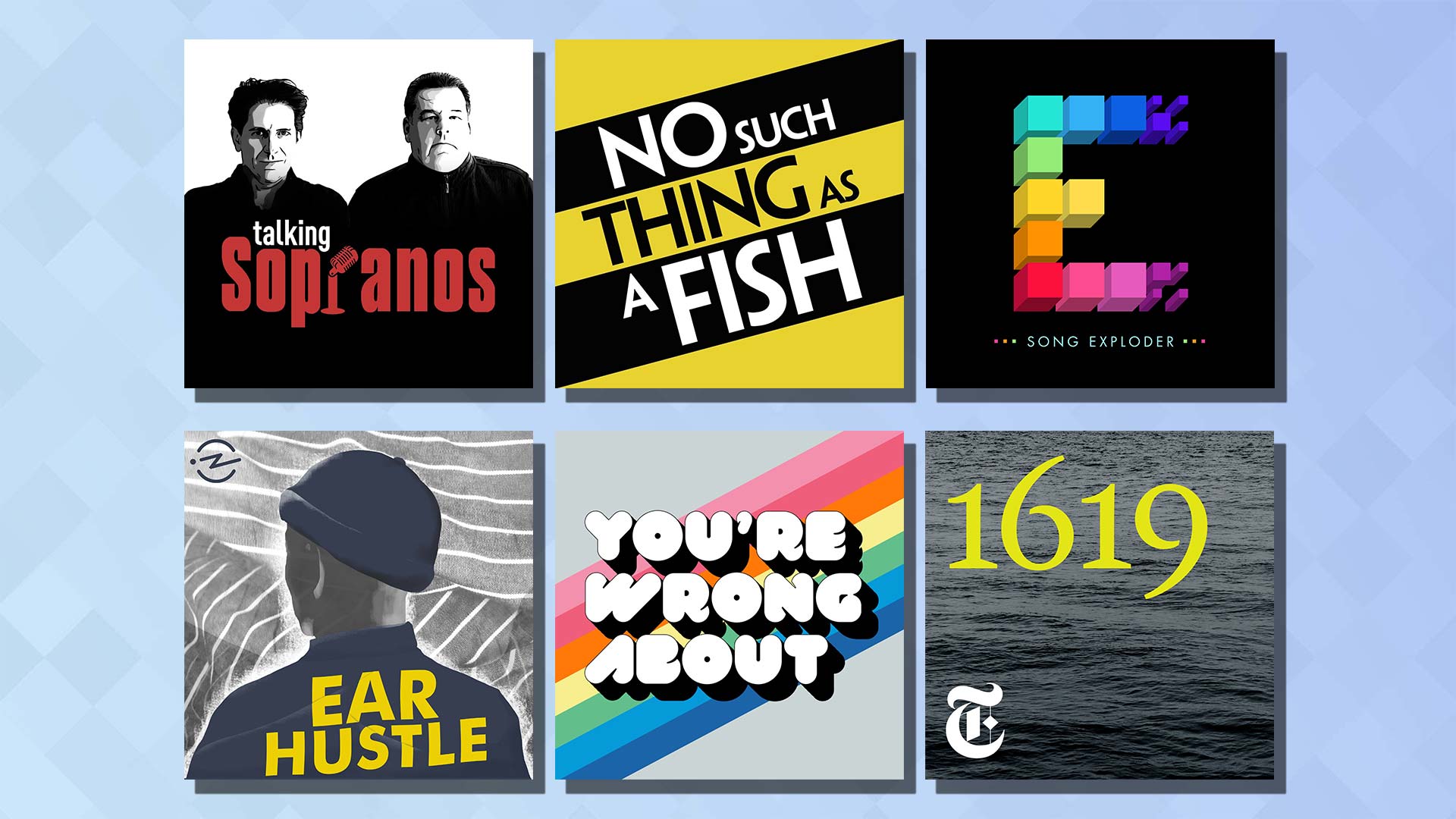 Logos pour six des meilleurs podcasts sur fond bleu