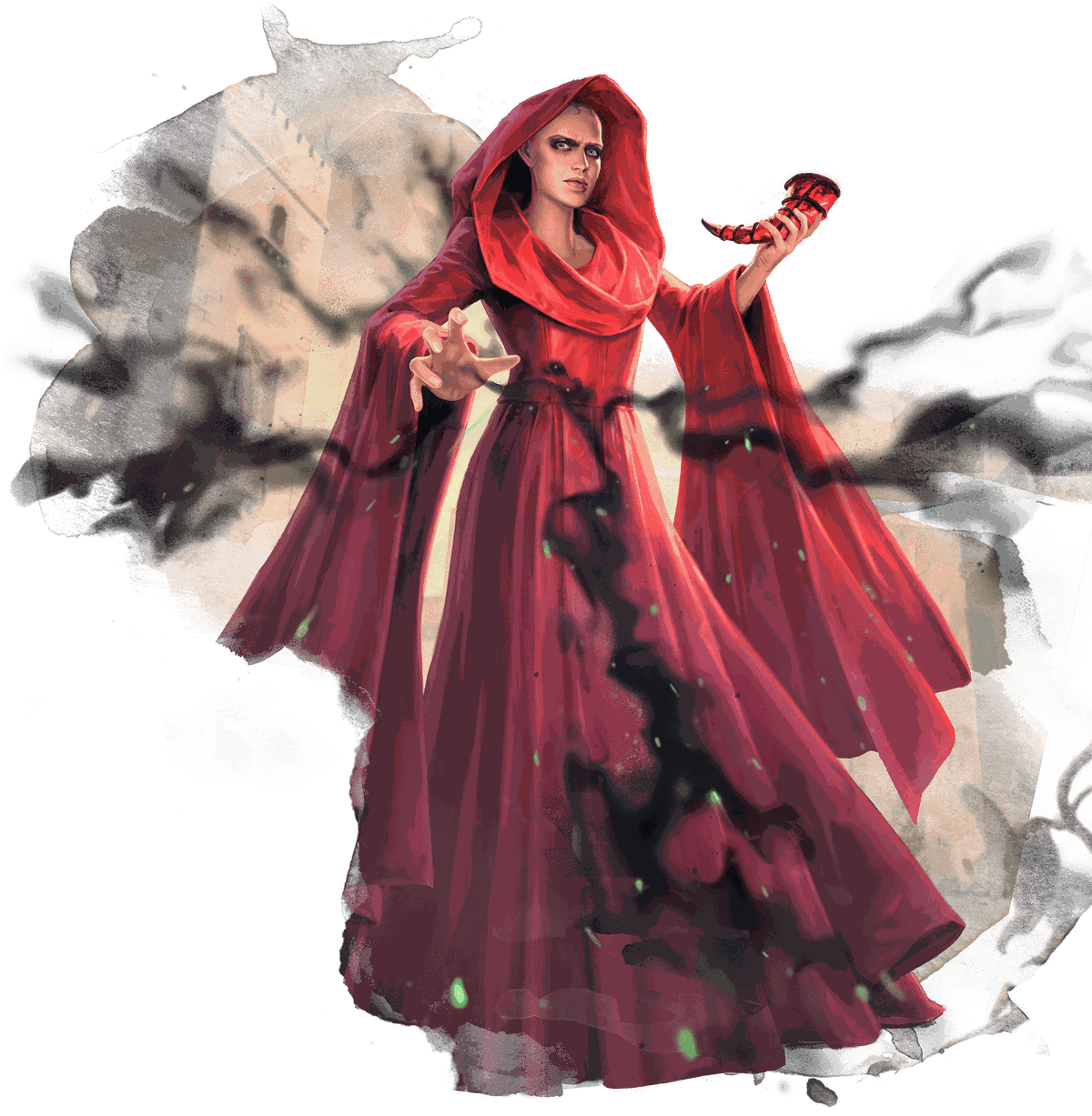 tête de marguerite en tant que mystérieux sorcier rouge.  elle porte de longues robes rouges fluides, sa tête enveloppée d'une capuche.  autour d'elle, une fumée noire s'accumule.  elle porte une corne mystérieuse dans une main
