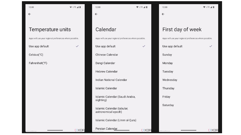 Captures d'écran montrant la fonction de préférences régionales d'Android 14