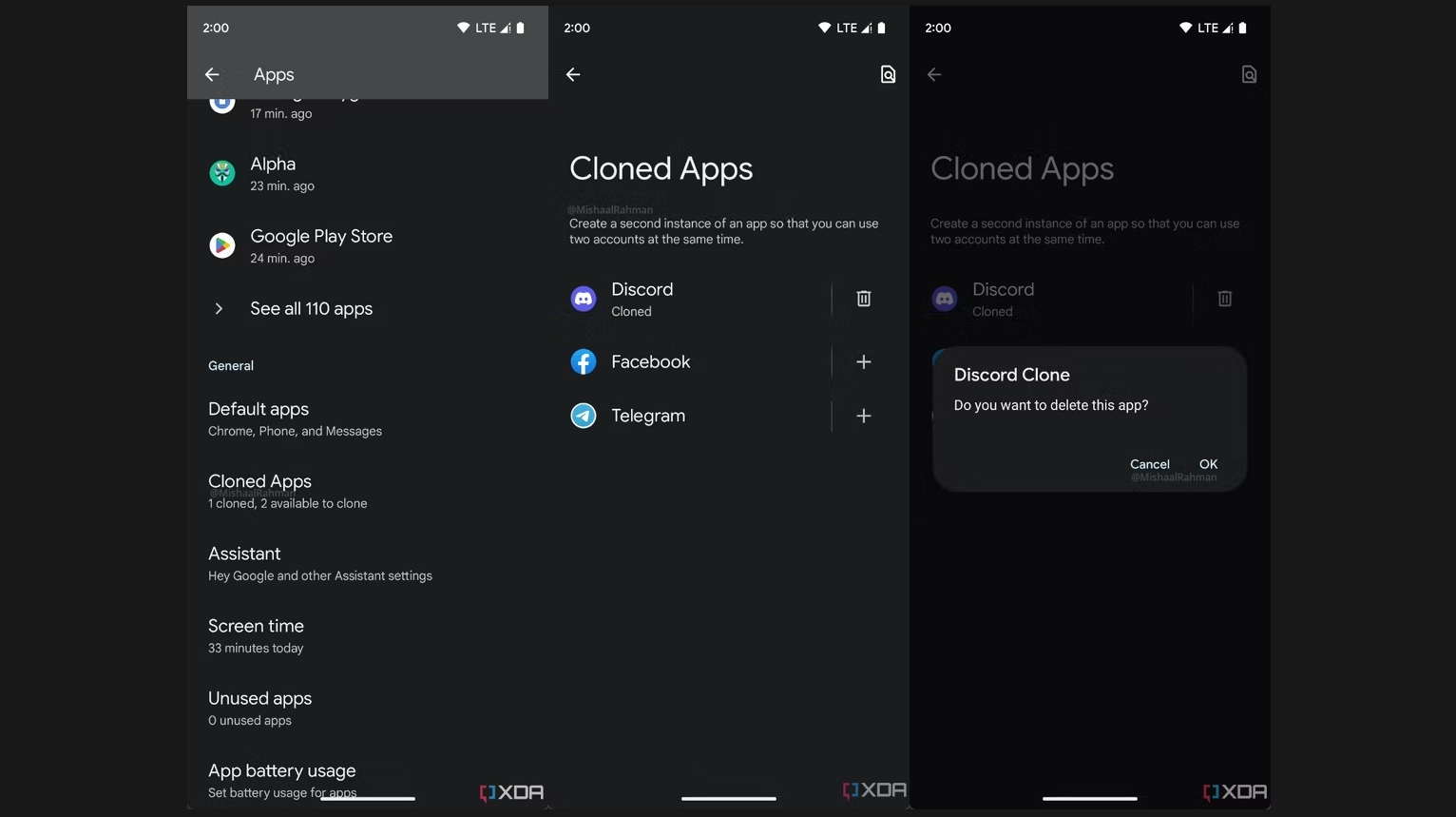 Captures d'écran montrant la fonctionnalité d'applications clonées sur Android 14