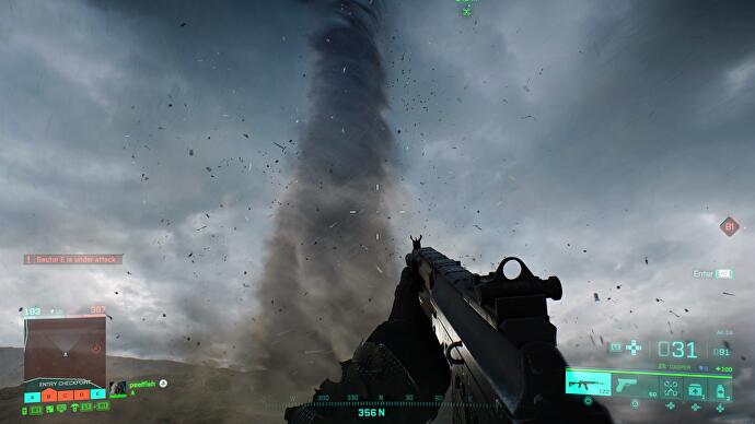 State of the Game Battlefield 2042 - regardant vers une tornade à proximité dans un ciel bleu foncé