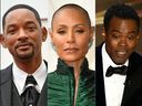 Cette combinaison d'images créée le 27 mars 2022 montre Will Smith, Jada Pinkett Smith et Chris Rock à la 94e cérémonie des Oscars au Dolby Theatre à Hollywood, Californie, le 27 mars 2022.