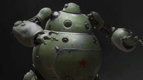 Boss Atomic Heart : Natasha, le robot humanoïde vert ressemblant à un tank, avance sur son adversaire, les bras tendus.