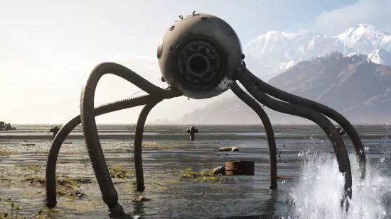 Patrons d'Atomic Heart : Dewdrop, un robot ressemblant à une pieuvre qui s'équilibre à l'aide de ses longs tentacules, soulève de l'eau en marchant le long du rivage.