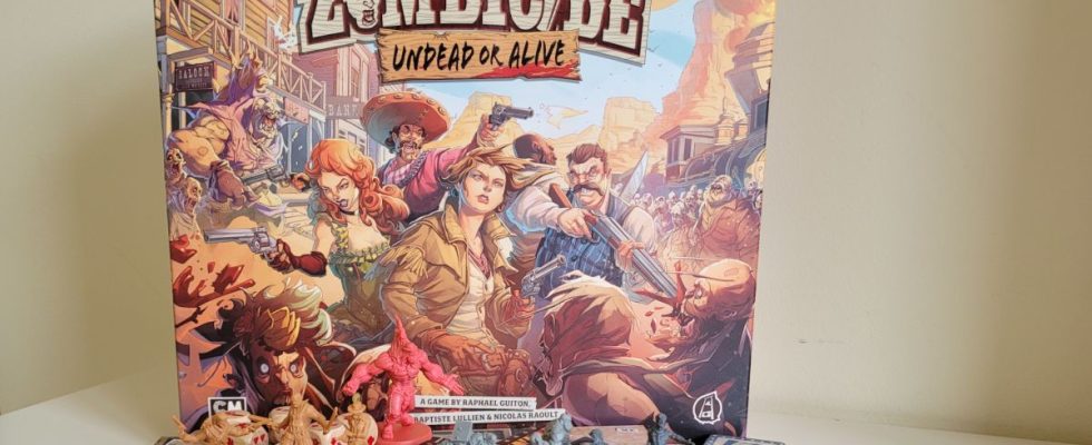 Miniatures, tokens, and cards from Zombicide: Undead or Alive on board tiles