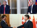 En haut : Le président américain Donald Trump, à gauche, rencontre le président russe Vladimir Poutine en 2018. En bas : Le président chinois Xi Jinping, à droite, serre la main du premier ministre Justin Trudeau avant une réunion à Pékin en 2016.