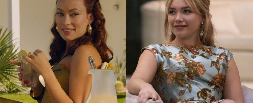 Olivia Wilde on left in a yellow dress. Florence Pugh in a blue dress sitting on the right. Both in the film Don