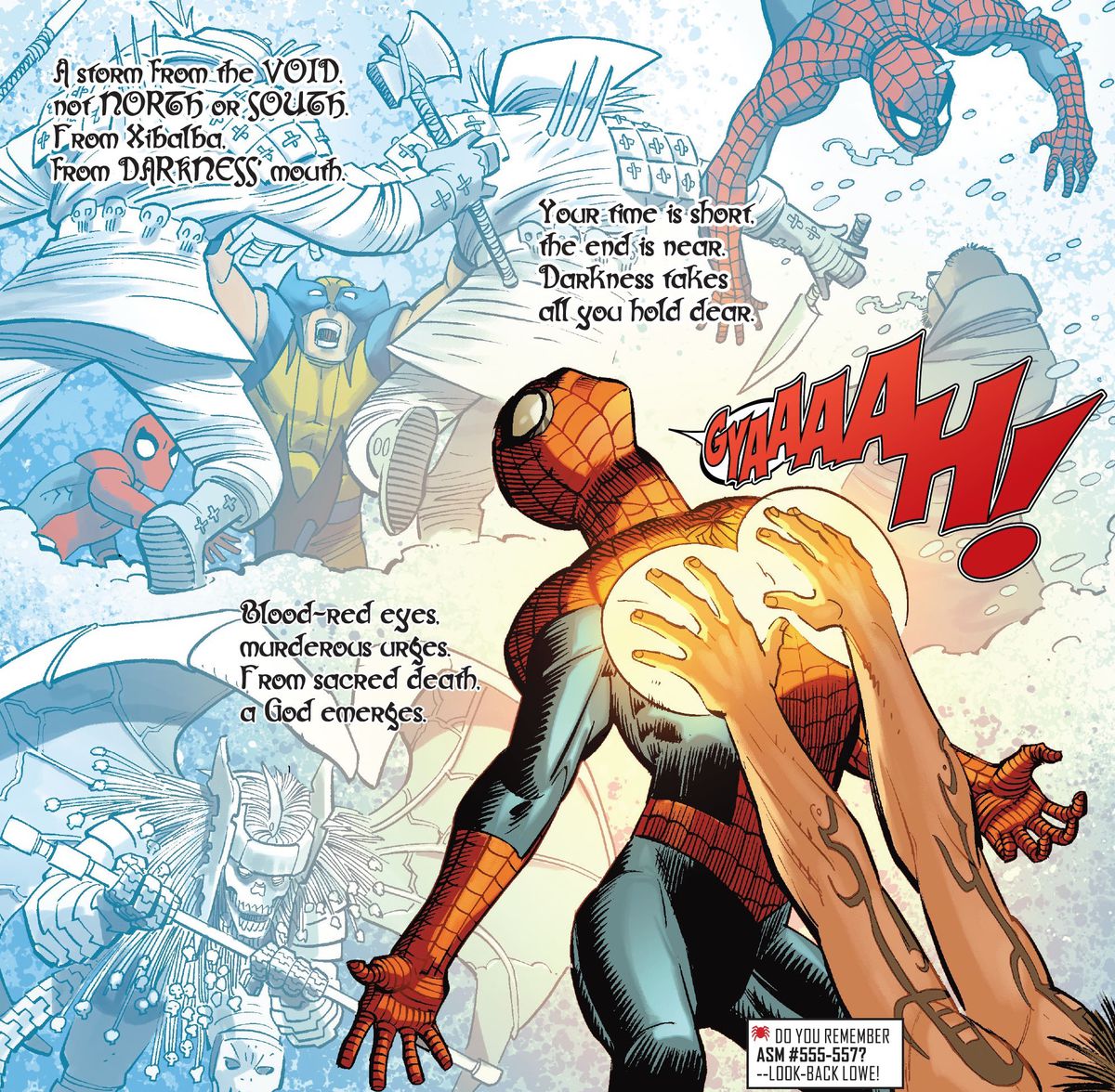 Les couplets de rimes abondent sur les images des aventures précédentes de Spider-man alors qu'un gars avec des tatouages ​​​​étranges touche sa poitrine avec des mains flamboyantes d'énergie dans Amazing Spider-Man # 21 (2023).
