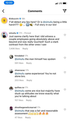 Simu Liu a répondu au commentaire de 6ix Buzz sur Instagram.
