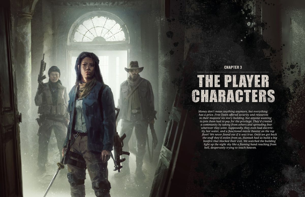 Un échantillon d'une diffusion sur les personnages du joueur.  Il comprend l'art de trois survivants lourdement armés et debout dans le vestibule d'un bâtiment abandonné.
