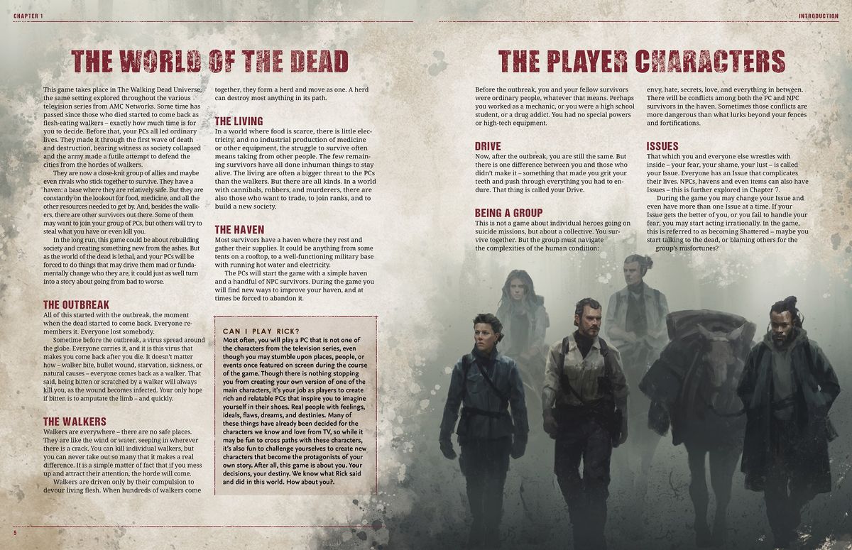 Une diffusion sur le monde des morts et les personnages du joueur, du RPG de table The Walking Dead Universe.  Un groupe de survivants comprend l'art sur la page de droite, y compris un homme noir conduisant un âne.  Sur la page de gauche se trouve un blocage demandant 