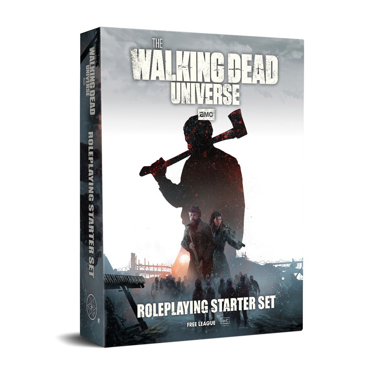 Une maquette du coffret de démarrage pour The Walking Dead Universe.  L'art clé comprend un homme avec une hachette en silhouette.