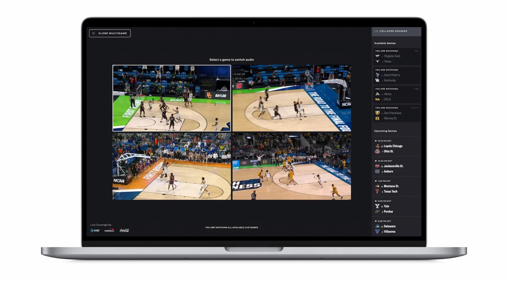 Un ordinateur portable montrant une vue multiple de NCAA March Madness avec quatre jeux diffusés simultanément