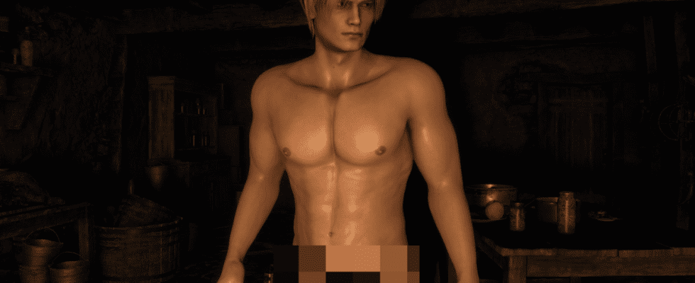A shirtless Leon, pixelated below his abdomen, from Resident Evil 4.