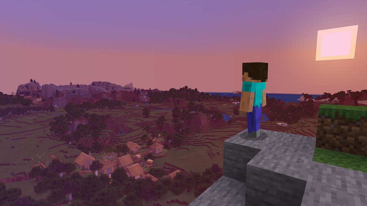 Minecraft Steve debout sur un rebord de pierre alors que le soleil se couche derrière lui dans un ciel violet.