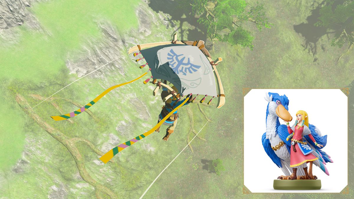 Link glisse dans Tears of the Kingdom avec un planeur blanc et bleu inspiré de Skyward Sword.  L'amiibo 