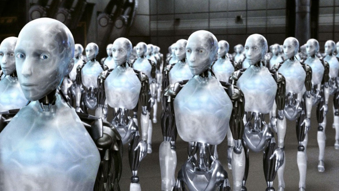 Une image tirée du film I, Robot dans laquelle une cohorte de robots se tient ensemble