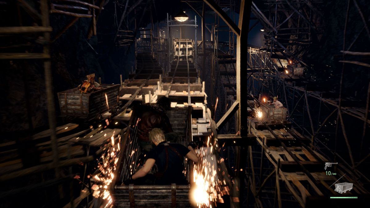 Leon et Luis montent dans un minecart, tandis que Ganados brandissant des tronçonneuses et des flèches enflammées attaquent dans une capture d'écran de Resident Evil 4