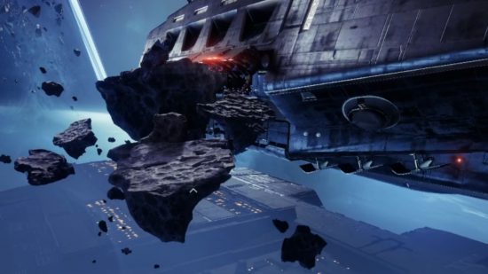 Examen de Destiny 2 Lightfall en cours - laissé dans le noir : le vaisseau de Calus approche dans Destiny 2 Lightfall.