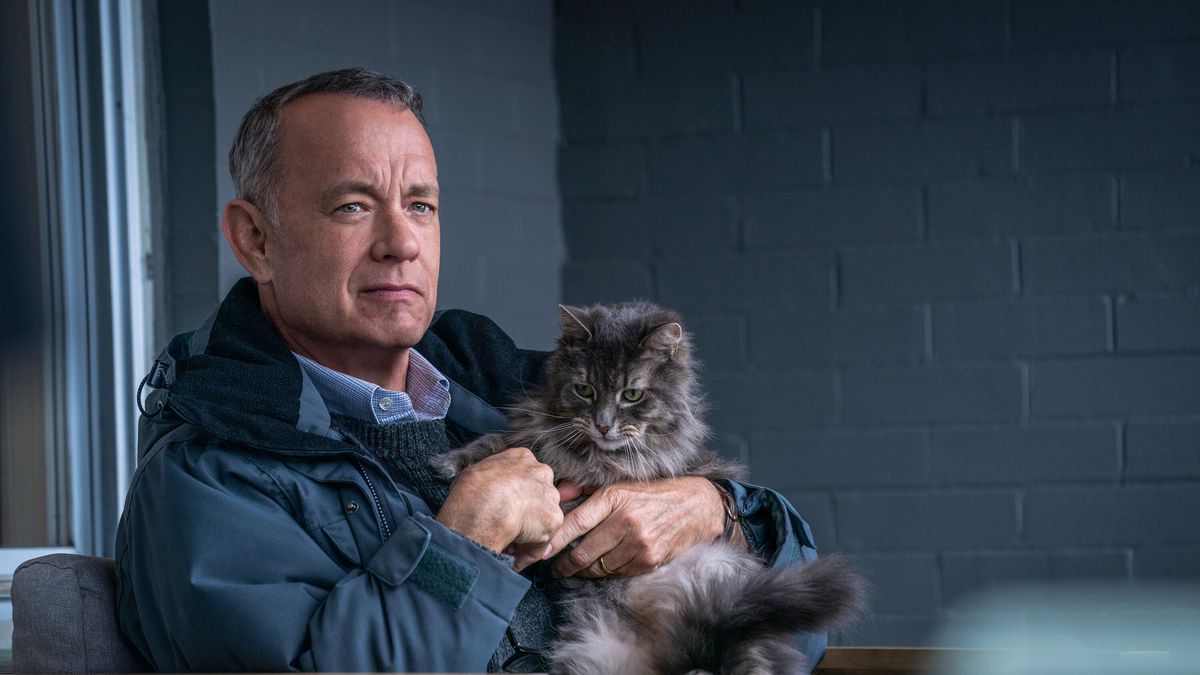 Otto (Tom Hanks) assis sur son porche tenant un chat avec un sourire à peine visible sur son visage.