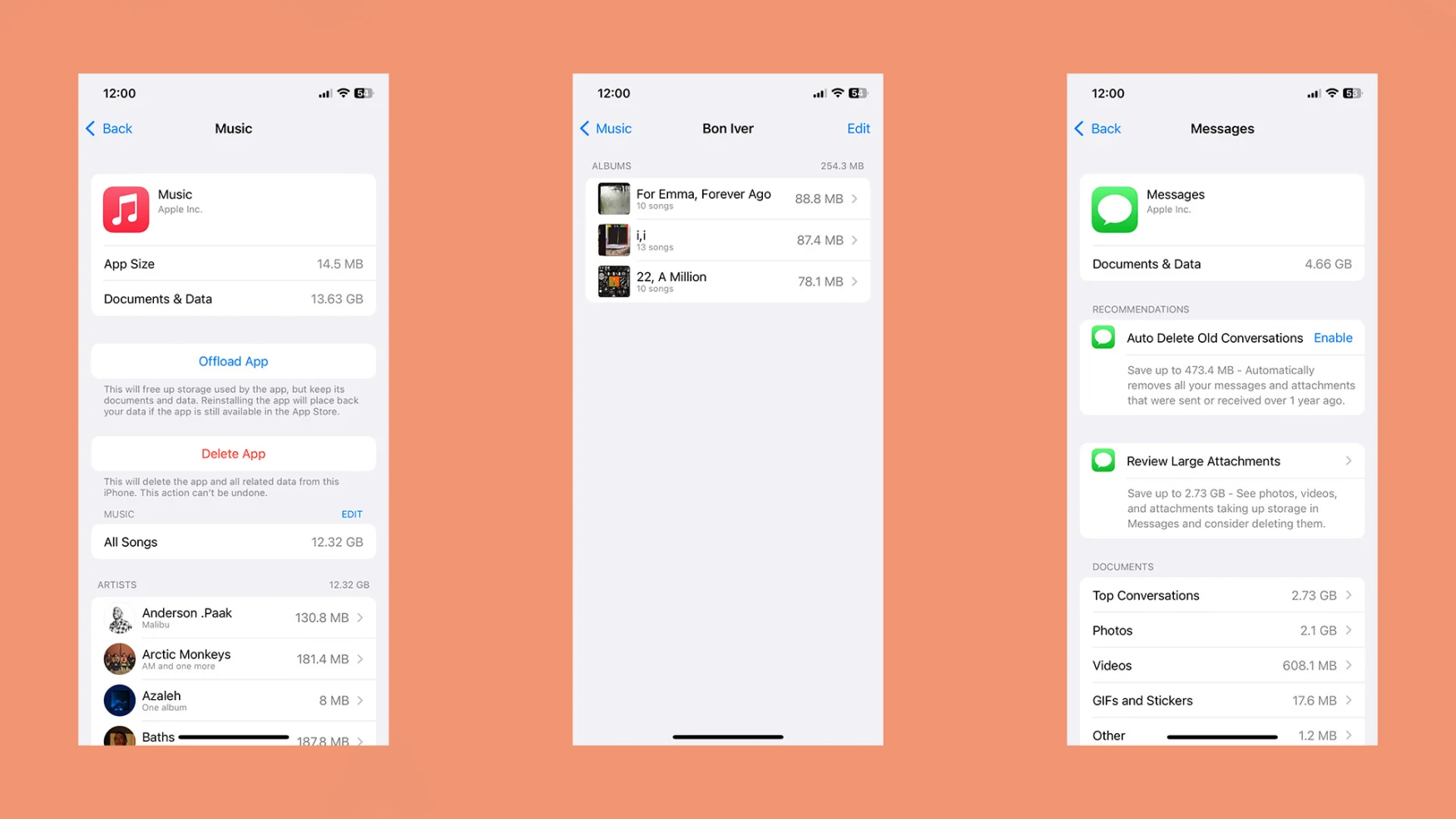 Captures d'écran des sections Apple Music et Messages dans l'utilitaire de stockage iPhone. 