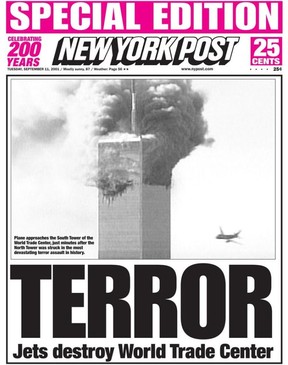 Édition supplémentaire du New York Post sur 9/11.  Les presses tournaient à midi.