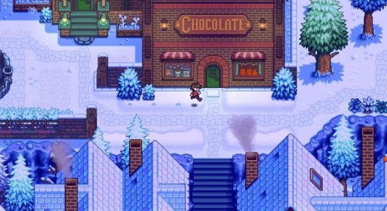 Haunted Chocolatier - A player runs in front of a shop with a sign that says