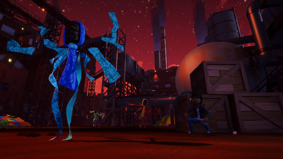 Une créature en tissu bleu occupe un espace humanoïde dans une usine sombre.  Le ciel est devenu rouge.