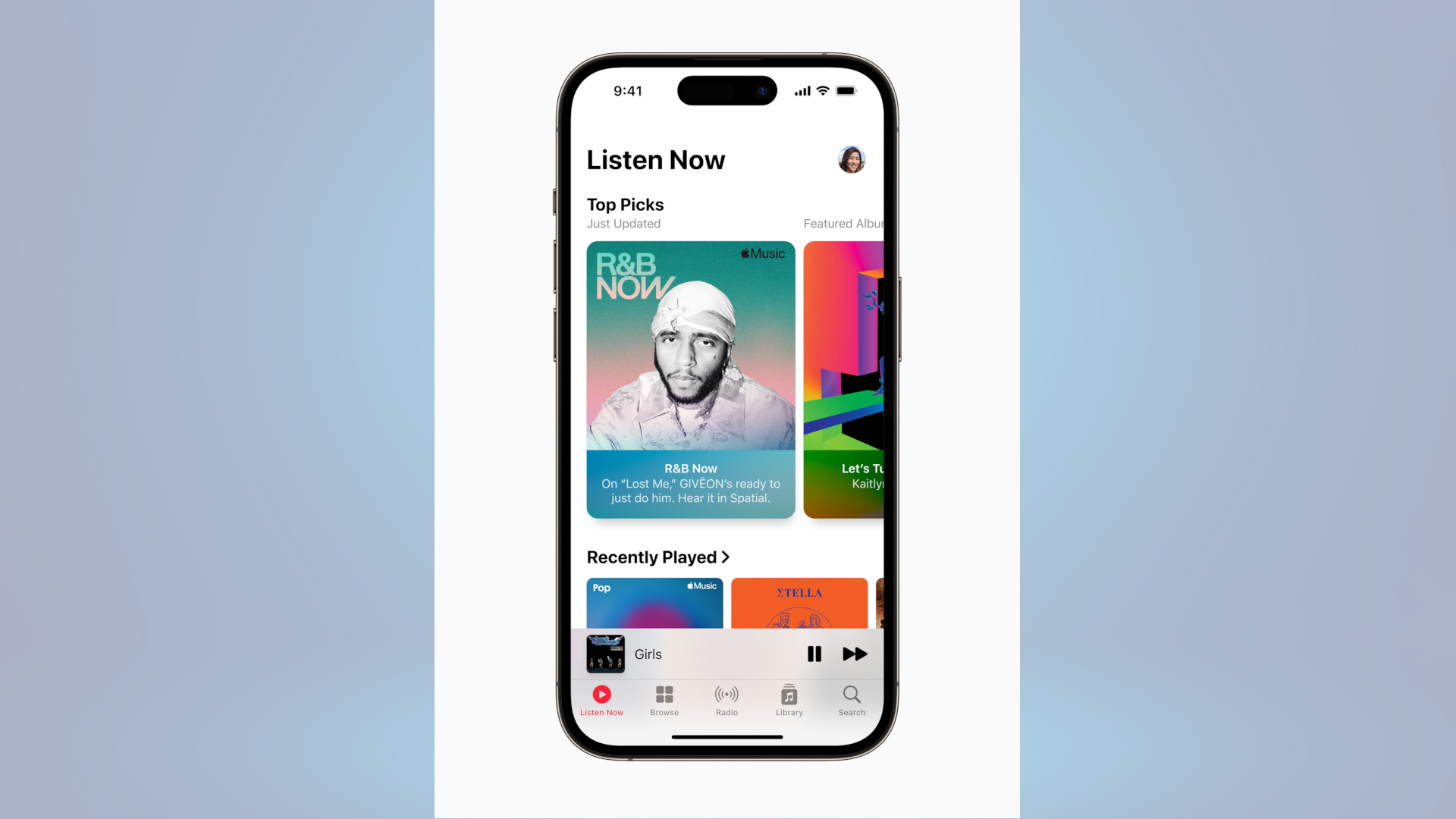 Écran de l'application Apple Music pour 100 millions de chansons