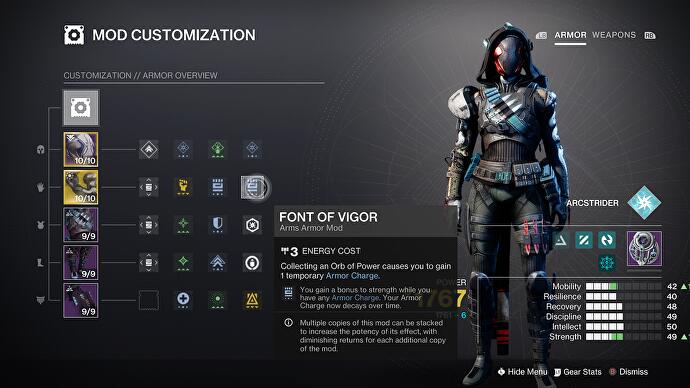 Destiny 2 Lightfall - le menu de personnalisation du mod