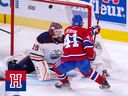 Paul Byron des Canadiens de Montréal tire la rondelle devant le gardien de but des Oilers d'Edmonton Mikko Koskinen le 10 mai 2021.
