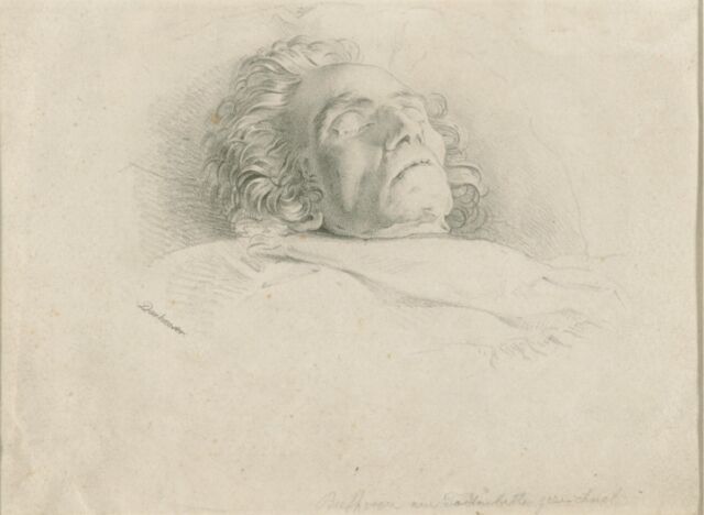 Beethoven sur son lit de mort : lithographie de Josef Danhauser d'après son propre dessin.