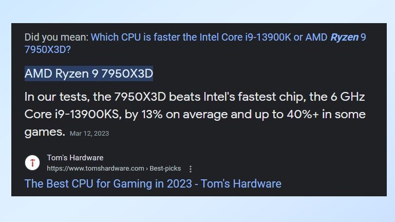 Un extrait Google sur les processeurs AMD et Intel