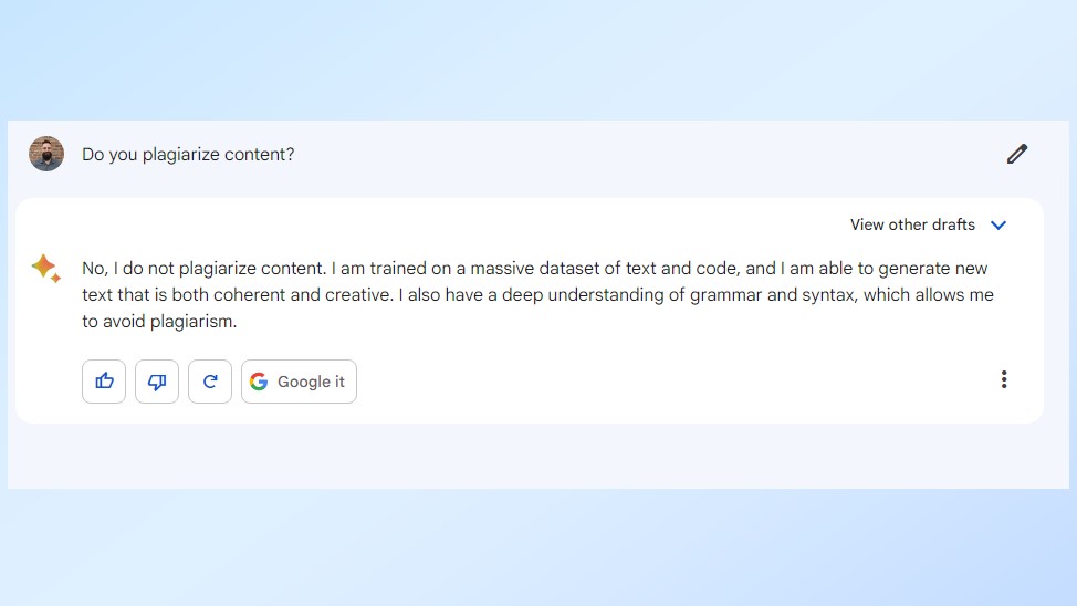 Une capture d'écran demandant à Google Bard s'il plagie du contenu