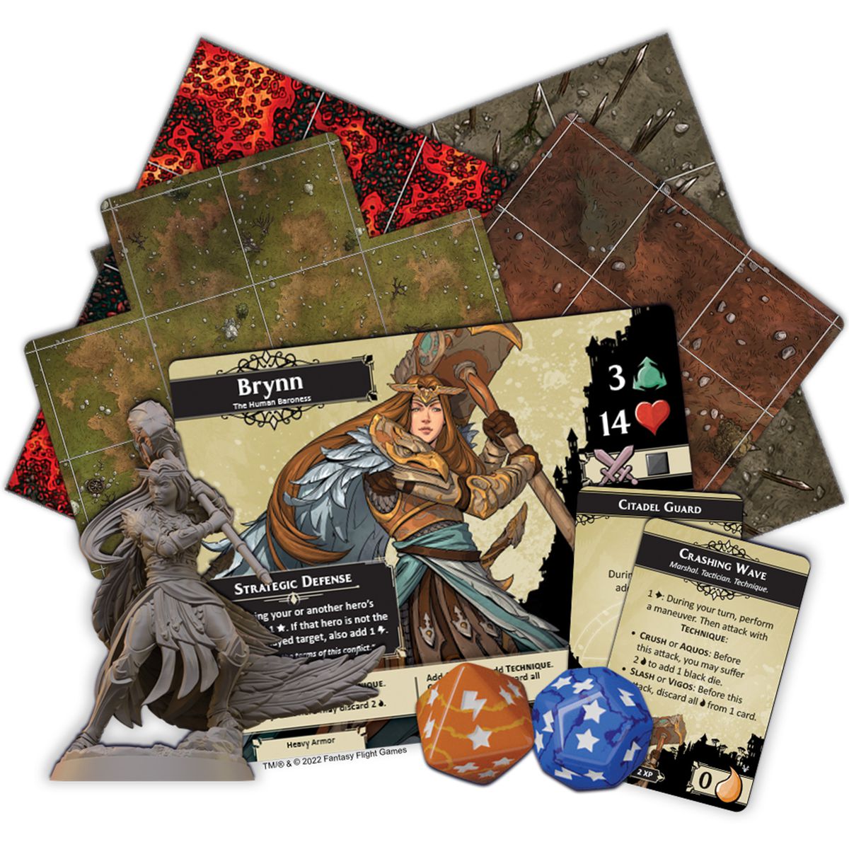 Des tuiles et une carte de joueur, ainsi que quelques dés personnalisés, pour Descent Act 2: The Betrayer's War. 