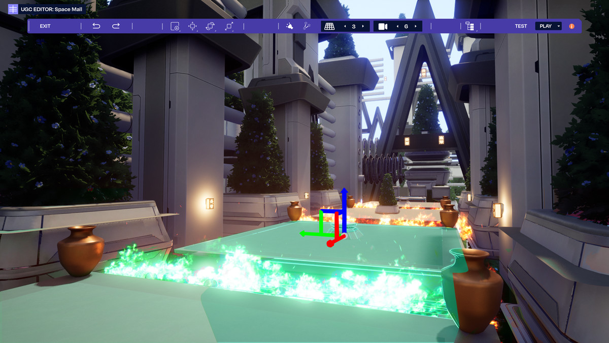 Un curseur tridimensionnel est superposé sur un environnement de temple fantastique, avec une barre d'outils violette en haut de l'écran