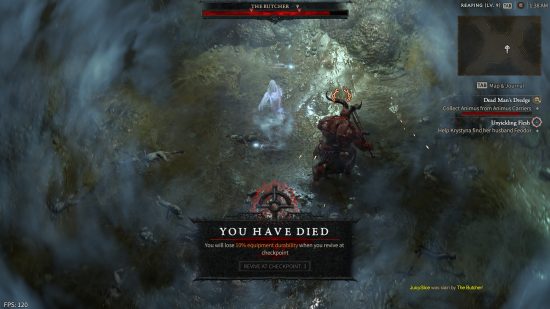 Diablo 4 beta - capture d'écran prise juste après la mort d'un personnage de The Butcher, un démon géant avec un couperet et un crochet à viande.  Le texte à l'écran indique, 