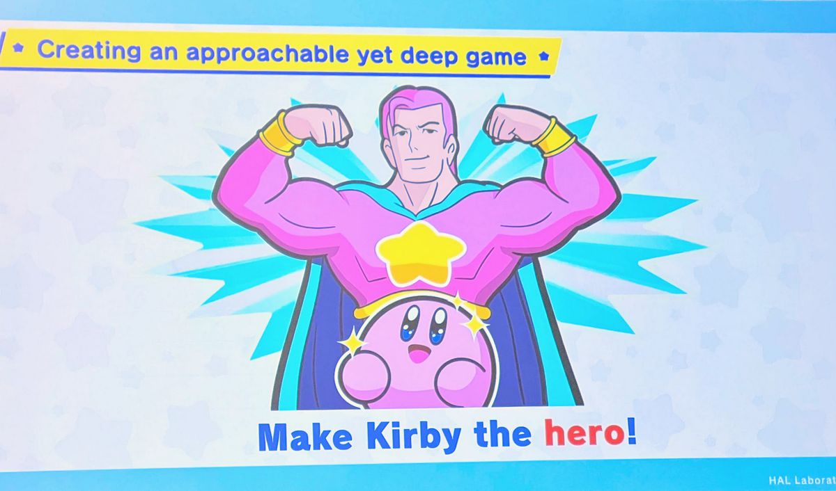 Kirby imagine un super-héros qui l'inspirerait dans ses aventures.  L'image provient d'un panneau à GDC 2023.
