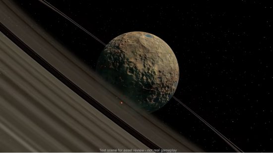 Date de sortie de Kerbal Space Program 2 - l'une des planètes, Gurdamma, est une planète de couleur sable entourée d'anneaux de gaz.