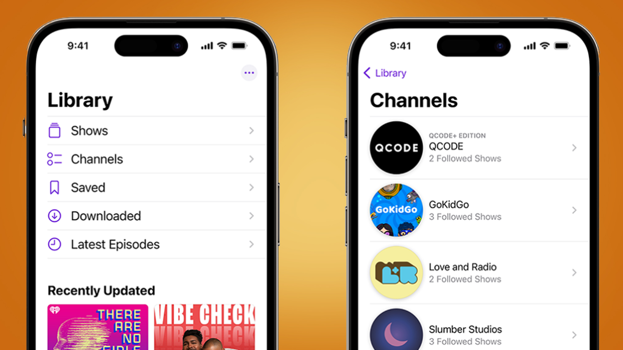 Deux iPhone montrant la nouvelle application Podcasts dans iOS 16.4