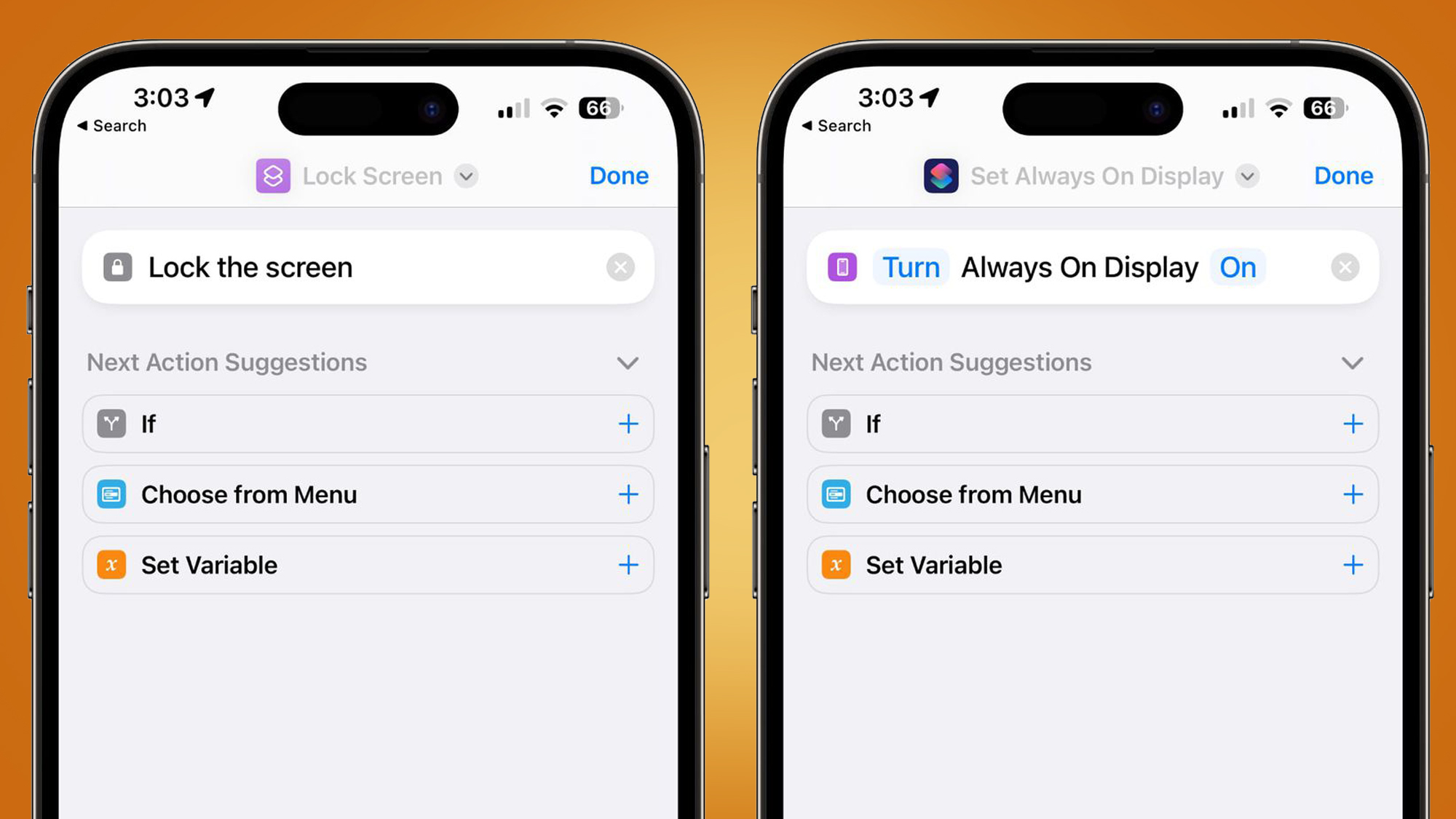 Deux iPhones affichant de nouvelles options dans l'application Raccourcis d'Apple