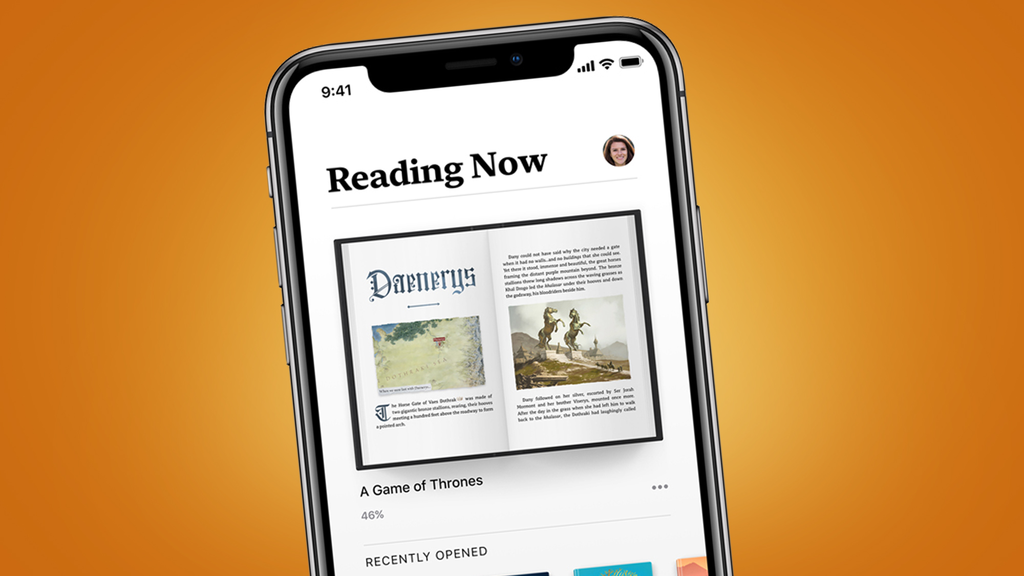 Un iPhone sur fond orange montrant l'application Apple Books