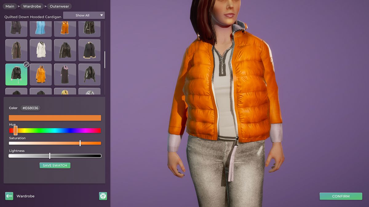 Un écran de personnalisation de personnage dans Life By You, dans lequel le joueur change le ton d'une veste d'hiver sur le personnage