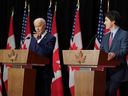 Le président américain Joe Biden prend la parole lors d'une conférence de presse conjointe avec le premier ministre Justin Trudeau, à Ottawa, le 24 mars.