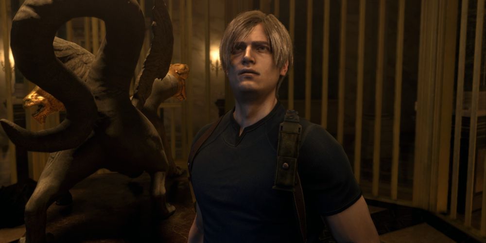 Léon Kennedy coincé dans le piège de la statue de la chimère dans le remake de Resident Evil 4