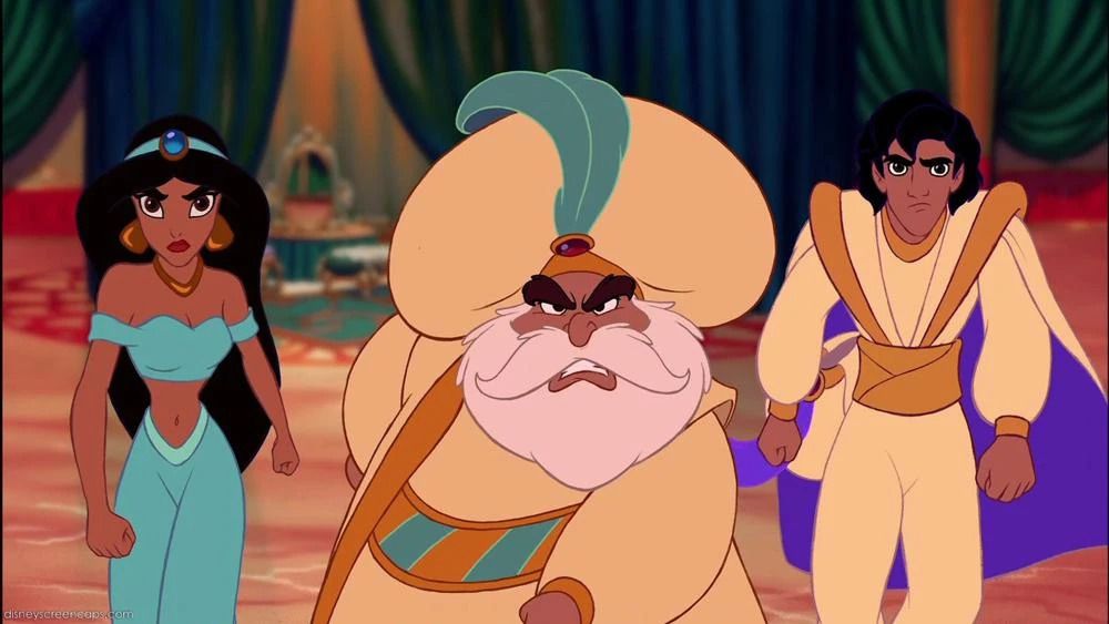 aladdin, le sultan et jasmine ont tous l'air en colère ;  jasmine et aladdin, cependant, ont l'air très neutres et jolis par rapport au furieux sultan 