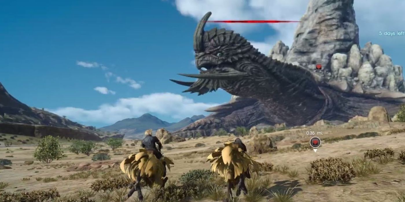 Le prince Noctis et ses gardes du corps chevauchent des chocobos vers une tortue géante dans Final Fantasy 15.