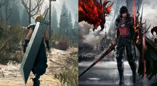 Split image showing Cloud Strife in FF7 Rebirth with the Buster Sword on his back, and Clive Rosfield in FF16's cover art, surrounded by Eikons.