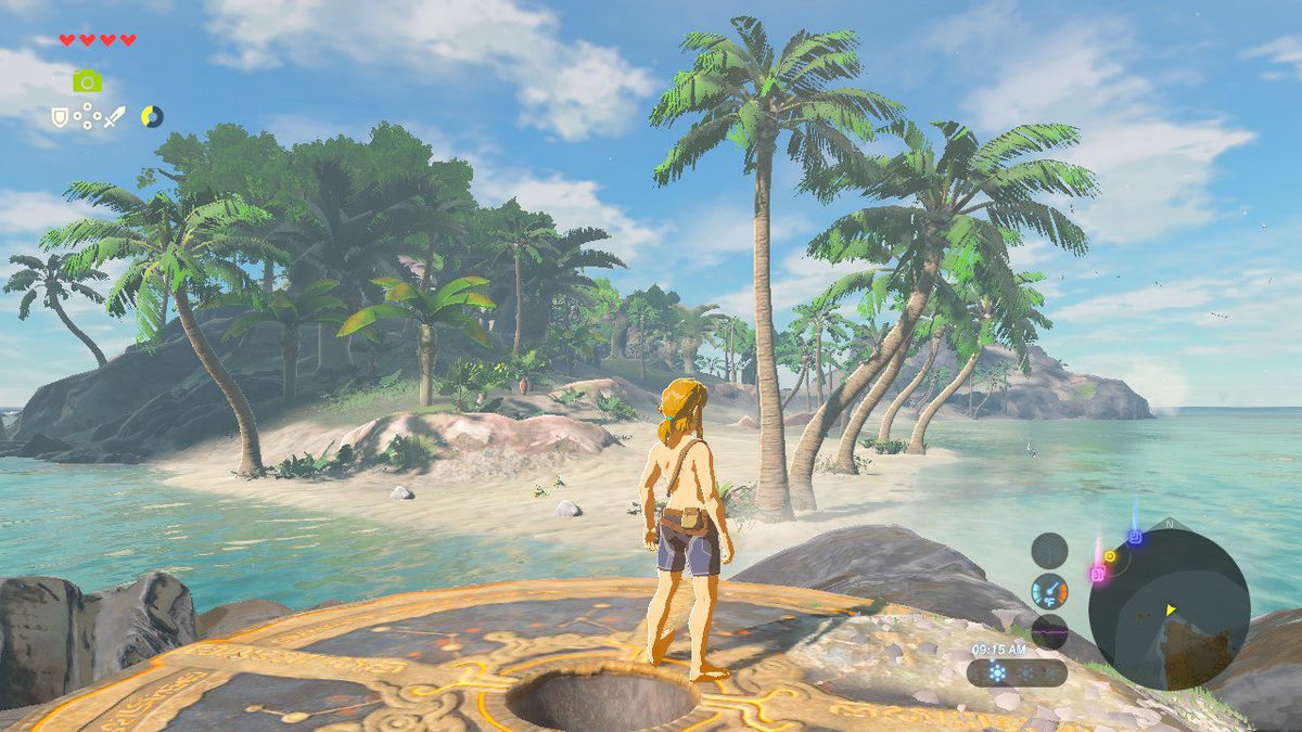 Lien de The Legend of Zelda: Breath of the Wild debout sur Eventide Island, torse nu, sans équipement.